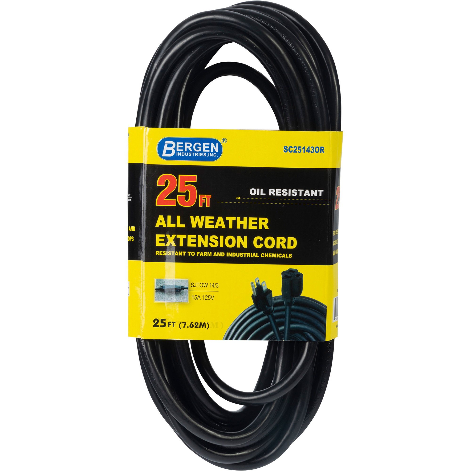 Bergen Industries Heavy-Duty Outdoor Extension Cord, 25ft., 14/3 Gauge, 15 Amps, Model# SC25143OR